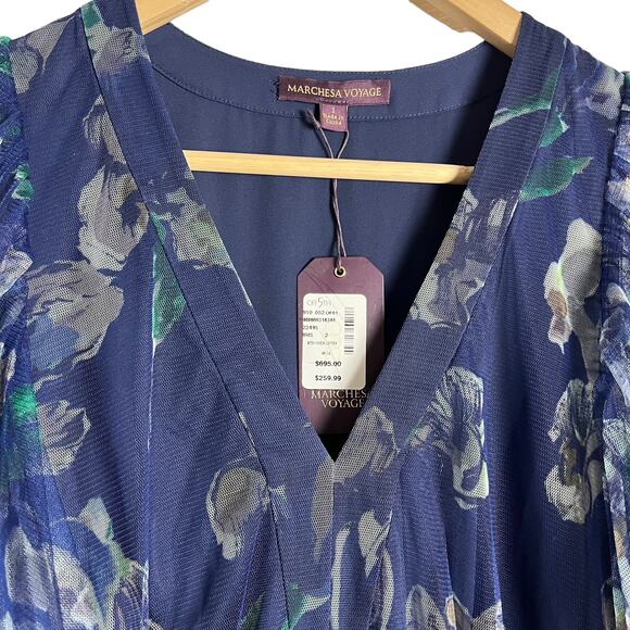 Marchesa Voyage Iris Blue Sheer Pleated Floral Print V-Neck Midi Dress 2 - Picture 8 of 16